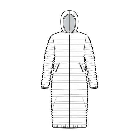 Hooded jacket Down puffer coat technical fashion illustration with long sleeves, pockets, oversized, knee length, narrow quilting. Flat template front, white color style. Women, unisex top CAD mockupのイラスト素材