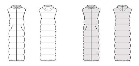 Down vest puffer waistcoat technical fashion illustration with sleeveless, hoody collar, maxi length, wide quilting. Flat template front, back, white, grey color style. Women men unisex top CAD mockupのイラスト素材