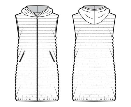 Down vest puffer waistcoat technical fashion illustration with sleeveless, hoody collar, pockets, loose fit, thigh length. Flat template front, back, white color style. Women, men, unisex CAD mockupのイラスト素材