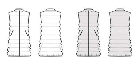 Down vest puffer waistcoat technical fashion illustration with sleeveless, stand collar, loose body, thigh length. Flat template front, back, white, grey color style. Women, men, unisex top CAD mockupのイラスト素材