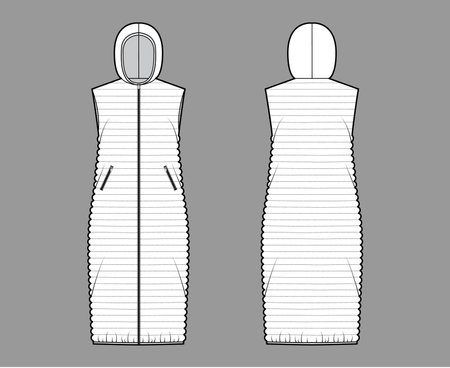 Down vest puffer waistcoat technical fashion illustration with hoody collar, zip-up closure, pockets, loose body, narrow quilting. Flat template front, back, white color. Women, men, unisex top mockupのイラスト素材