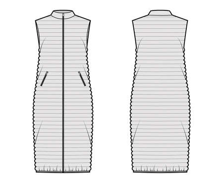 Down vest puffer waistcoat technical fashion illustration with sleeveless, stand collar, pockets, midi length, narrow quilting. Flat template front, back, grey color style. Women, men, unisex top CADのイラスト素材
