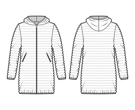 Down puffer coat jacket technical fashion illustration with long sleeves, hoody collar, pockets, oversized, narrow quilting. Flat template front, back, white color style. Women, men, unisex CAD mockupのイラスト素材