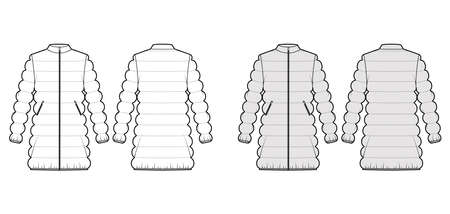 Down puffer coat jacket technical fashion illustration with long sleeves, stand collar, pockets, oversized, classic quilting. Flat template front, back, white, grey color. Women, men, unisex top CADのイラスト素材