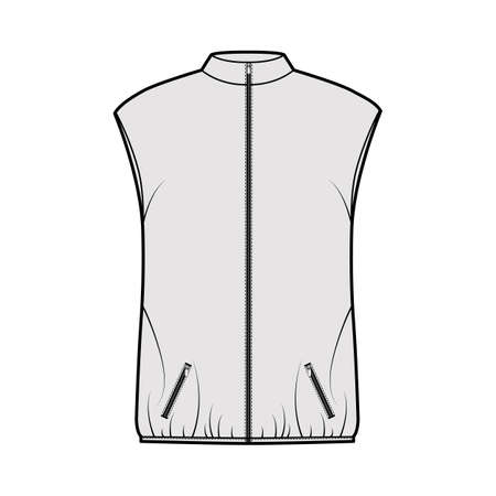 Down vest puffer waistcoat technical fashion illustration with stand collar, zip-up closure, pockets, oversized, hip length. Flat template front, grey color style. Women, men, unisex top CAD mockupのイラスト素材