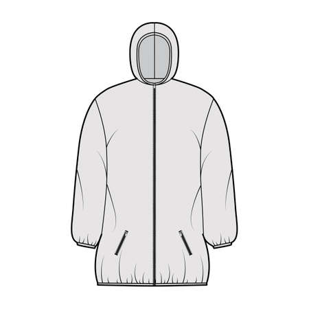 Down puffer coat jacket technical fashion illustration with long sleeves, hoody collar, zip-up closure, boxy fit, thigh length. Flat template front, grey color style. Women, men, unisex top CAD mockupのイラスト素材