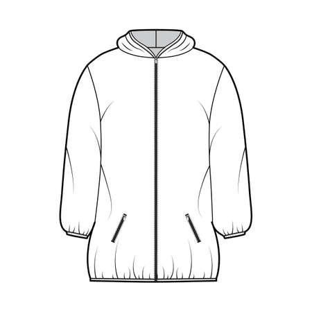 Down puffer coat jacket technical fashion illustration with long sleeves, hoody collar, zip-up closure, boxy fit, thigh length. Flat template front, white color style. Women, men unisex top CAD mockupのイラスト素材