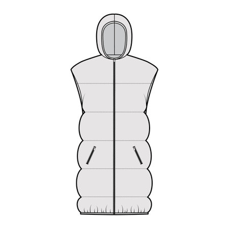 Down vest puffer Hooded waistcoat technical fashion illustration with sleeveless, pockets, hip length, wide quilting. Flat template front, grey color style. Women, men, unisex top CAD mockupのイラスト素材