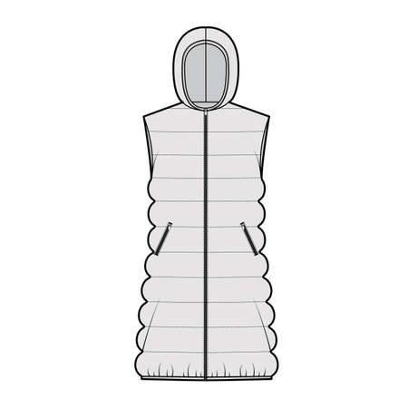 Down vest puffer waistcoat technical fashion illustration with hoody collar, zip-up closure, loose body, classic quilting. Flat template front, grey color style. Women, men, unisex top CAD mockupのイラスト素材