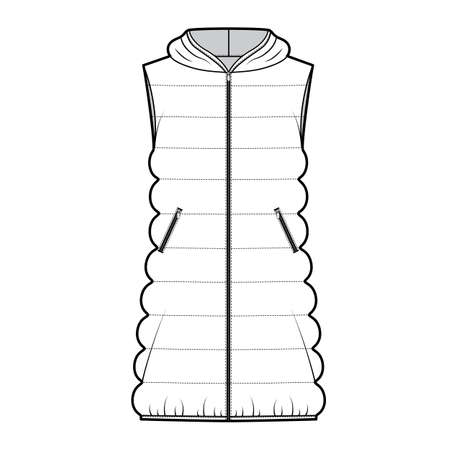 Down vest puffer waistcoat technical fashion illustration with hoody collar, zip-up closure, loose body, classic quilting. Flat template front, white color style. Women, men, unisex top CAD mockupのイラスト素材