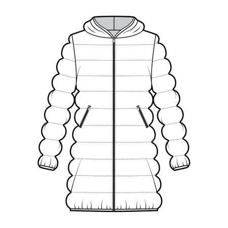 Hooded jacket Down puffer coat technical fashion illustration with zip-up closure, oversized, thigh length, classic quilting. Flat template front, white color style. Women, men, unisex top CAD mockupのイラスト素材