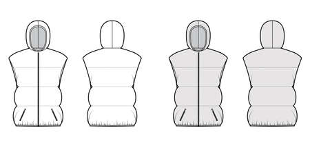 Down vest puffer waistcoat technical fashion illustration with hoody collar, zip-up closure, pockets, wide quilting. Flat template front, back white grey color style. Women, men, unisex top CAD mockupのイラスト素材