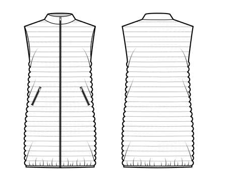 Down vest puffer waistcoat technical fashion illustration with stand collar, zip-up closure, pockets, loose fit, thigh length, narrow quilting. Flat front, back, white color style. Women, men top CADのイラスト素材