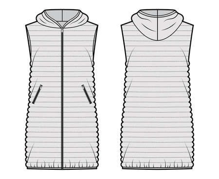 Down vest puffer waistcoat technical fashion illustration with hoody collar, pockets, loose fit, thigh length, narrow quilting. Flat template front, back, grey color. Women, men, unisex top CAD mockupのイラスト素材