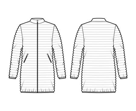 Down puffer coat jacket technical fashion illustration with long sleeves, stand collar, pockets, hip length, narrow quilting. Flat template front, back, white color style. Women, unisex top CAD mockupのイラスト素材