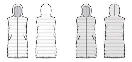 Down vest puffer waistcoat technical fashion illustration with sleeveless, hoody collar, pockets, narrow quilting. Flat template front, back, white, grey color style. Women, men, unisex top CAD mockupのイラスト素材