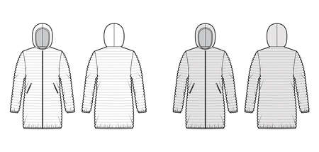 Down puffer coat jacket technical fashion illustration with hoody collar, oversized, hip length, narrow quilting. Flat template front, back, white, grey color style. Women, men, unisex top CAD mockupのイラスト素材
