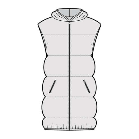 Down vest puffer Hooded waistcoat technical fashion illustration with sleeveless, pockets, hip length, wide quilting. Flat template front, grey color style. Women, men, unisex top CAD mockupのイラスト素材
