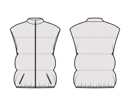 Down vest puffer waistcoat technical fashion illustration with sleeveless, stand collar, oversized, hip length, wide quilting. Flat template front, back, grey color style. Women, men, top CAD mockupのイラスト素材