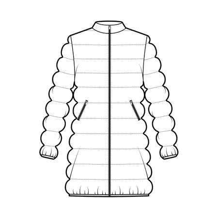 Down puffer coat jacket technical fashion illustration with long sleeves, stand collar, pockets, oversized, thigh length, classic quilting. Flat template front, white color. Women, men top CAD mockupのイラスト素材