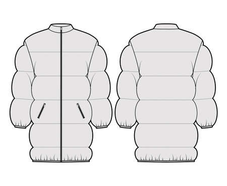 Down puffer jacket coat technical fashion illustration with long sleeves, stand collar, zip-up closure, pockets, thigh length, wide quilting. Flat front, back, grey color. Women, unisex top CAD mockupのイラスト素材