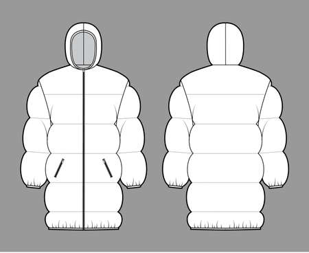 Down puffer jacket coat technical fashion illustration with hoody collar, zip-up closure, pockets, oversized, thigh length. Flat template front, back, white color style. Women, men, unisex CAD mockupのイラスト素材