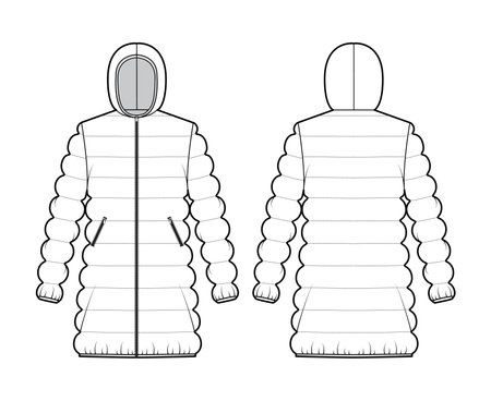 Hooded jacket Down puffer coat technical fashion illustration with zip-up closure, oversized, thigh length, classic quilting. Flat template front, back, white color style. Women, unisex top CAD mockupのイラスト素材