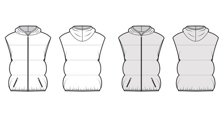 Down vest puffer waistcoat technical fashion illustration with hoody collar, pockets, hip length, wide quilting. Flat template front, back, white, grey color style. Women, men, unisex top CAD mockupのイラスト素材
