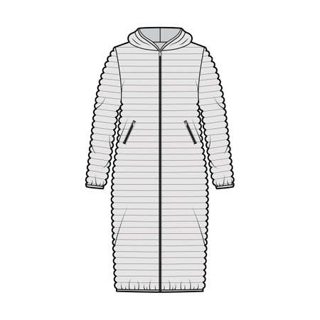 Hooded jacket Down puffer coat technical fashion illustration with long sleeves, pockets, oversized, knee length, narrow quilting. Flat template front, grey color style. Women, unisex top CAD mockupのイラスト素材