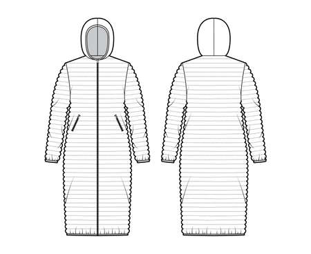 Hooded jacket Down puffer coat technical fashion illustration with long sleeves, pockets, knee length, narrow quilting. Flat template front, back, white color style. Women, men, unisex top CAD mockupのイラスト素材