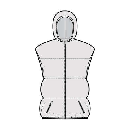 Down vest puffer waistcoat technical fashion illustration with hoody collar, zip-up closure, pockets, hip length, wide quilting. Flat template front grey color style. Women, men, unisex top CAD mockupのイラスト素材