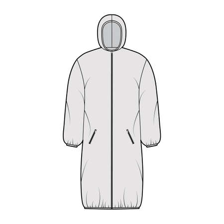 Hooded jacket Down puffer coat technical fashion illustration with long sleeves, zip-up closure, pockets, boxy fit, knee length. Flat template front grey color style. Women, men, unisex top CAD mockupのイラスト素材