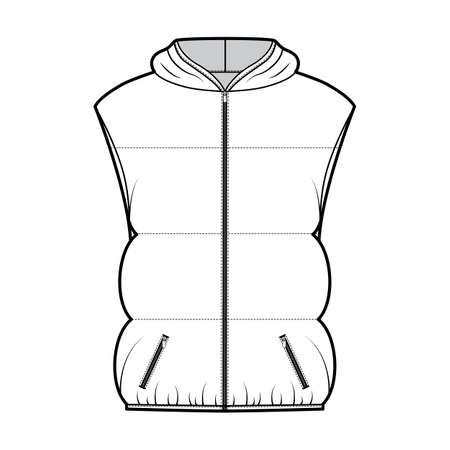 Down vest puffer waistcoat technical fashion illustration with hoody collar, zip-up closure, pockets, hip length, wide quilting. Flat template front, white color style. Women men unisex top CAD mockupのイラスト素材