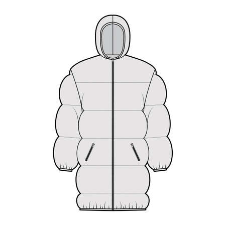 Down puffer jacket coat technical fashion illustration with hoody collar, zip-up closure, pockets, oversized, thigh length, wide quilting. Flat template front, grey color style. Women, men, CAD mockupのイラスト素材