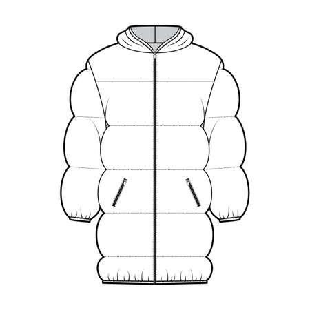 Down puffer jacket coat technical fashion illustration with zip-up closure, pockets, oversized, thigh length, wide quilting. Flat template front, white color style. Women, men, unisex top CAD mockupのイラスト素材