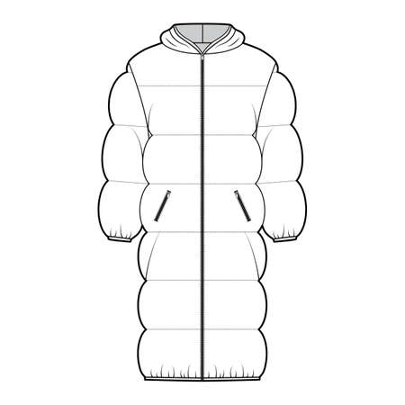 Down puffer coat jacket technical fashion illustration with long sleeves, hoody collar, zip-up closure, knee length, wide quilting. Flat template front, white color. Women, men, unisex top CAD mockupのイラスト素材