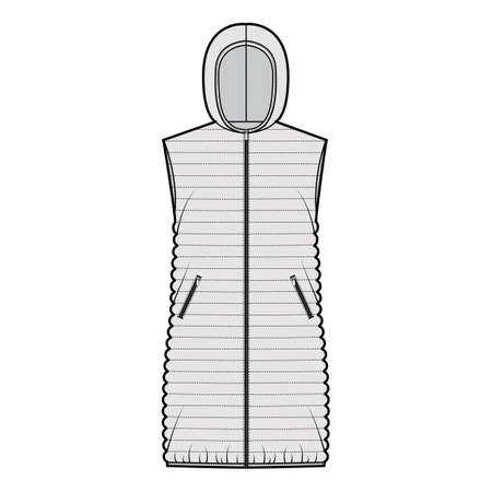 Down vest puffer waistcoat technical fashion illustration with sleeveless, hoody collar, thigh length, narrow quilting. Flat template front, grey color style. Women, men, unisex top CAD mockupのイラスト素材