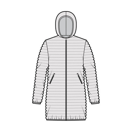 Down puffer coat jacket technical fashion illustration with long sleeves, hoody collar, oversized, hip length, narrow quilting. Flat template front, grey color style. Women, men, unisex top CAD mockupのイラスト素材