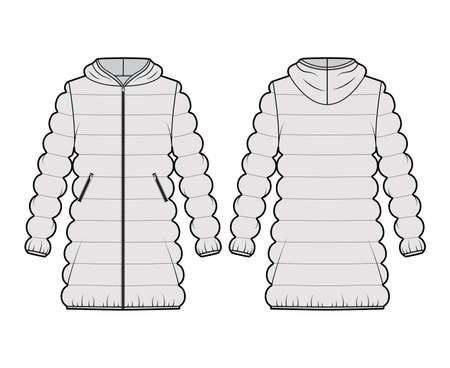 Hooded jacket Down puffer coat technical fashion illustration with zip-up closure, oversized, thigh length, classic quilting. Flat template front, back, grey color style. Women, men, unisex CAD mockupのイラスト素材