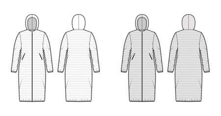 Hooded jacket Down puffer coat technical fashion illustration with pockets, oversized, knee length, narrow quilting. Flat template front, back, white, grey color style. Women, men, unisex CAD mockupのイラスト素材