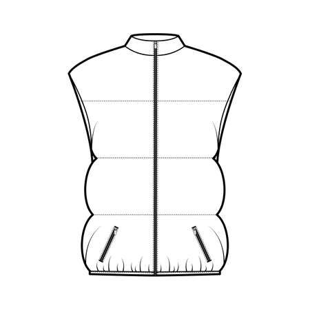Down vest puffer waistcoat technical fashion illustration with stand collar, pockets, oversized, hip length, wide quilting. Flat template front, white color style. Women, men, unisex top CAD mockupのイラスト素材