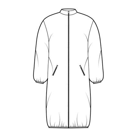 Hooded jacket puffer coat technical fashion illustration with long sleeves, stand collar, zip-up closure, boxy fit, knee length. Flat template front, white color style. Women, men, unisex CAD mockupのイラスト素材