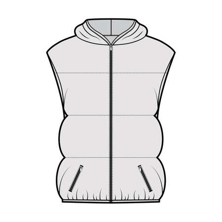 Down vest puffer waistcoat technical fashion illustration with hoody collar, zip-up closure, pockets, hip length, wide quilting. Flat template front grey color style. Women, men, unisex top CAD mockupのイラスト素材