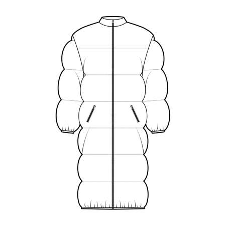 Down puffer coat jacket technical fashion illustration with long sleeves, stand collar, oversized, knee length, wide quilting. Flat template front, white color style. Women, men, unisex top CAD mockupのイラスト素材