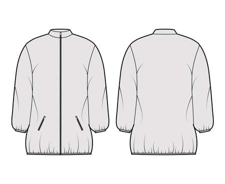 Down puffer coat jacket technical fashion illustration with long sleeves, stand collar, zip-up closure, pockets, boxy fit, thigh length. Flat template front, back grey color style. Women, men, top CADのイラスト素材