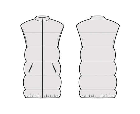 Down vest puffer waistcoat technical fashion illustration with sleeveless, stand collar, pockets, hip length, wide quilting. Flat template front, back, grey color style. Women, men, unisex top mockupのイラスト素材