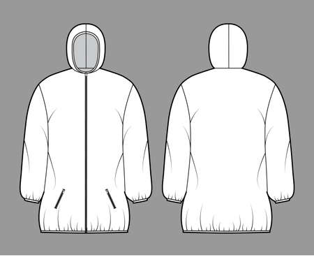 Down puffer coat jacket technical fashion illustration with long sleeves, hoody collar, zip-up closure, boxy fit, thigh length. Flat template front, back, white color. Women, men unisex top CAD mockupのイラスト素材