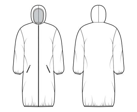 Hooded jacket Down puffer coat technical fashion illustration with long sleeves, zip-up closure, pockets, boxy fit, knee length. Flat template front, back, white color. Women, men, unisex CAD mockupのイラスト素材