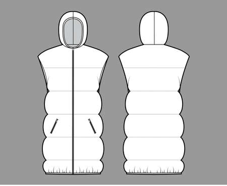 Down vest puffer Hooded waistcoat technical fashion illustration with sleeveless, pockets, hip length, wide quilting. Flat template front, back, white color style. Women, men, unisex top CAD mockupのイラスト素材