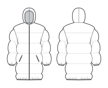 Down puffer jacket coat technical fashion illustration with hoody collar, oversized, thigh length, wide quilting. Flat template front, back, white color style. Women, men, unisex top CAD mockupのイラスト素材